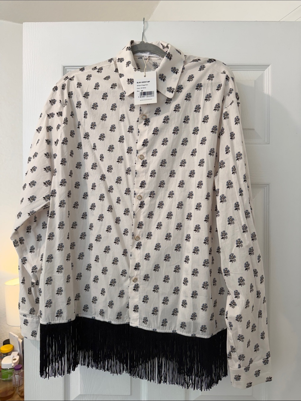 Fringed Hem Button-Up Blouse in Cream and Black